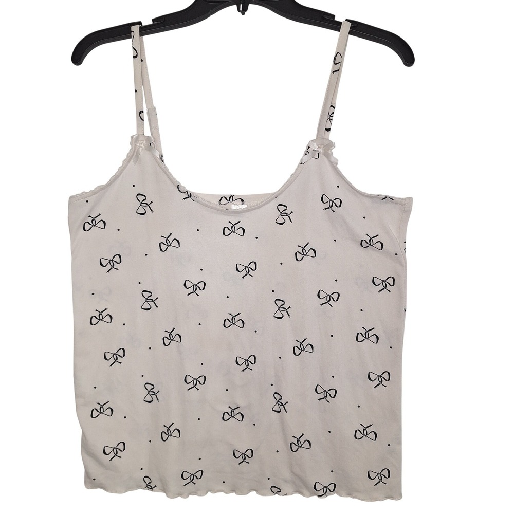Coquette Bow Print Camisole Top Cream Black Lace Trim Lettuce Edge Medium Y2K